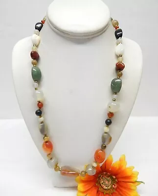 Vintage Brass Agate Jade & Onyx Stone Bead Necklace 24  • $9.99