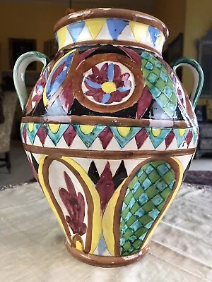 Large Stylish Polychrome Majolica Hispano Moresque 2 Handle Urn Vase 12” Tall  • £45