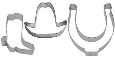 3 Piece Western Cowboy Cowgirl Hat Boot Horse Shoe Cookie Cutter Set Metal Farm • $6.95