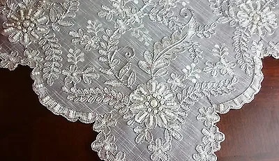 Embroidery Beaded Pearl Embroidered 33  Tablecloth White Silver Wedding Bridal • $35