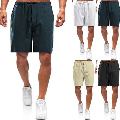 Cotton Linen Mens Elastic Shorts Summer Beach Casual Drawstring Loose Pants Size • $16.09