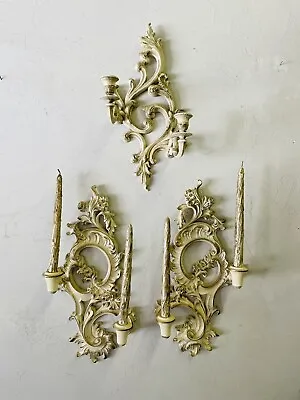 Vintage Syroco Wood Wall Sconce 3 Candelabra Distressed Ivory & Gold 4 Candles • £62.69