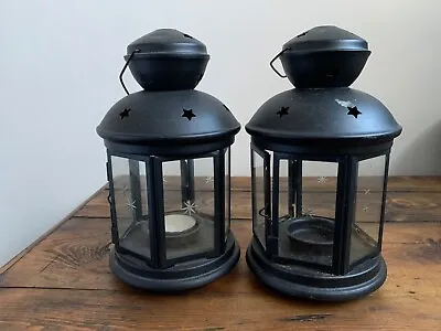 2 X LANTERNS IKEA Tea Light Lamps Black Metal/glass Windows • £9.50