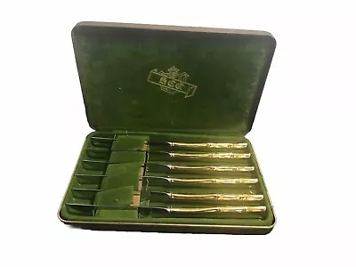 Vtg Supreme Cutlery Scc Gold  Tone Bamboo Flatware Knife Set 6 W/Orig Box Japan • $14.99