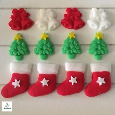 £4.99 • Buy 24 Edible Christmas Cake Cupcake Decorations Toppers Stockings Trees Bells Party