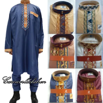 Men 2 PCS Tops+Long Pants Saudi Thobe Galabeya Abaya Arabic Kaftan Muslim Dress • £20.80
