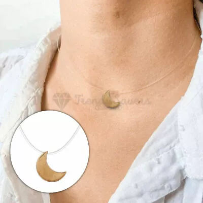 18ct Gold Plated Moon Shaped Pendant Invisible Transparent Line Choker Necklace • £3.99