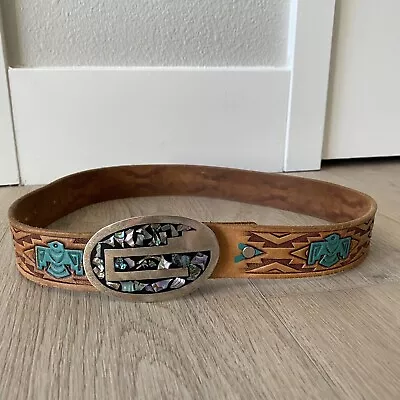 Hand Painted Abalone Inlay Leather Thunderbird Native American Indian Belt 34 • $29.99