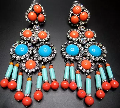 LAWRENCE VRBA Amazing 5  Faux Turquoise & Coral Rhinestone Clip Earrings • $399.99