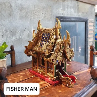 Spirit House Thai Golden Altar Shrine Teak Wood Temple Carving Miniature Figure • $120.99