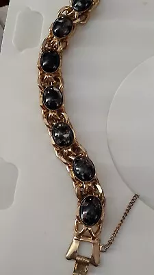 Vintage Gold Tone Cabochon Gemstone Style Bead Bracelet W/safety Chain. Size 7.5 • $15.99