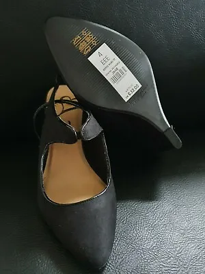 NEW Women Work Black Suede Court Extra Wide Shoes Platform Wedge Heels Sandals • £4.99