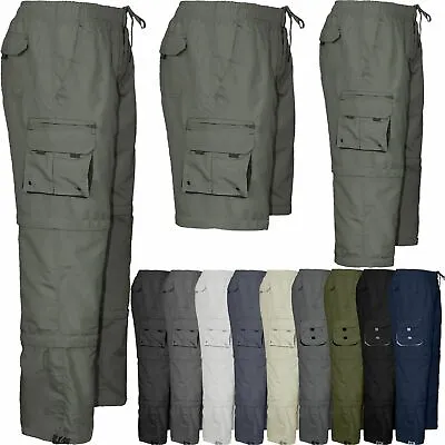 Mens Combat Cargo Work Trousers Elasticated Waist Pant 3 In 1 Zip Off 3/4 Shorts • £19.99