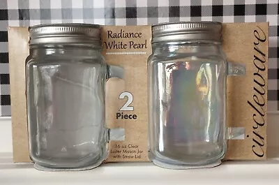 NEW Set Of 2 Glass Mason Jars With Handles And Lids For Straws • $12