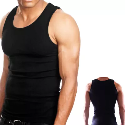 3Pc 100% Cotton Mens A-Shirt Ribbed Tank Top Sport Undershirt Black • $10.34