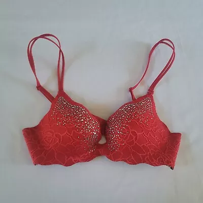 Victoria's Secret Very Sexy Secret Embrace Push Up Bra Red Rhinestones Size 34A • $29.95