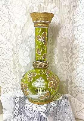 PRISTINE Antique Bohemian MOSER Hand Painted MARY GREGORY Green Art Glass Vase • $625