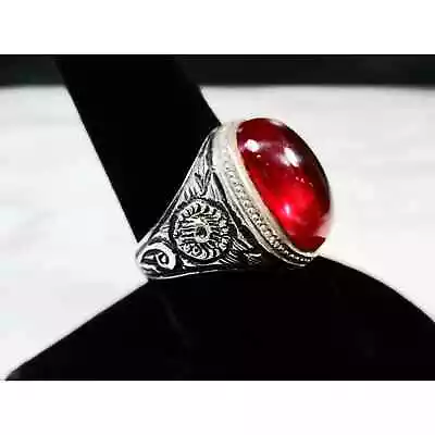 VINTAGE MIDDLE EASTERN RED GLASS CABOCHON ENGRAVED STERLING SILVER RING Sz 9 1/4 • $55.25