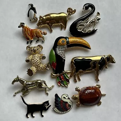 Vintage Lot Of 11 Brooch  Pins Assorted Animals Birds Some Signed • $24