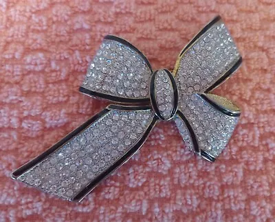 Crown Signature Vintage Black Enamel & Rhinestone Gold Tone Ribbon Bow Broach • $15