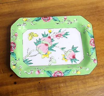 Vintage Soap Dish Enamel Green Blossoms Flowers Butterfly Hand Painted • $14.99