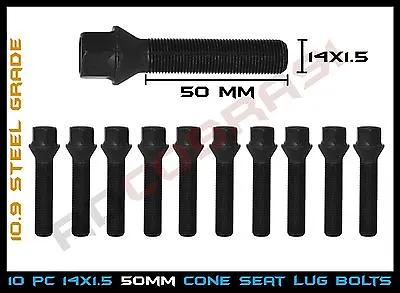 10Pc M14x1.5 50mm Shank Black Cone Seat Lug Bolts Audi VolksWagen Mercedes Benz • $32.48