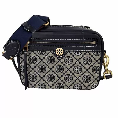 Tory Burch Women's Navy Blue Leather Trim Monogram Camera Bag Purse • $142.07