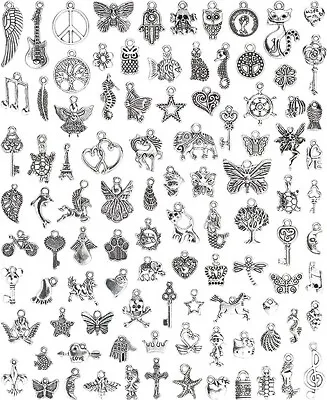 100 PCs Silver Charms For Jewelry Making Mixed Lot Pendants Bracelet Necklace • $8.49