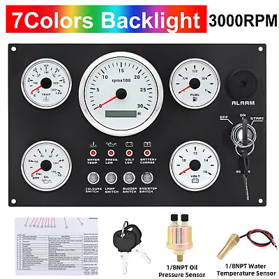 5 Gauge Set With Instrument Panel 0-3000 RPM LED 7 Colors For Marine Boat Yacht • $194.98