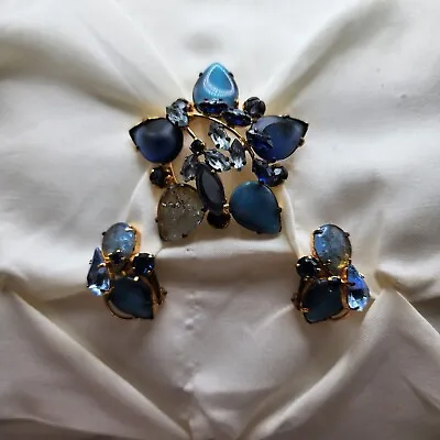 Vtg West Germany Blue Molded Art Glass & Acrylic Star Brooch & Earrings Clip-Ons • $55