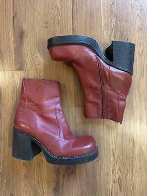 Vintage 90s / Y2K Chunky Platform Square Toe Nine West Red Leather Boots Size 9 • $79