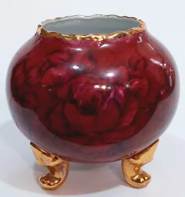 Vintage Antique Porcelain Rose Bowl Dark Red & Gold Trim Unmarked Footed Vase • $19.95