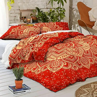 Indian Bedding Set Queen Size Quilt Duvet Cover Red Gold Mandala Blanket Cover • £63.14