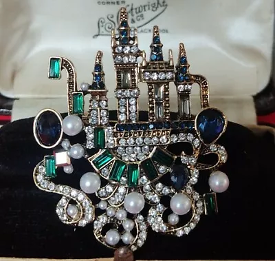 Vintage Style Jewelled Crystal Large Brooch Fairytale Castle Antique Gold Tone • £13.95