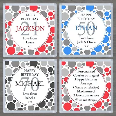 £3.95 • Buy Personalised Birthday Gift/Coaster/or/Magnet/Dots/Circles/Any Age & Name