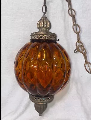 Vintage MCM Amber Globe Hanging Swag Lamp With Long Chain WORKS • $145