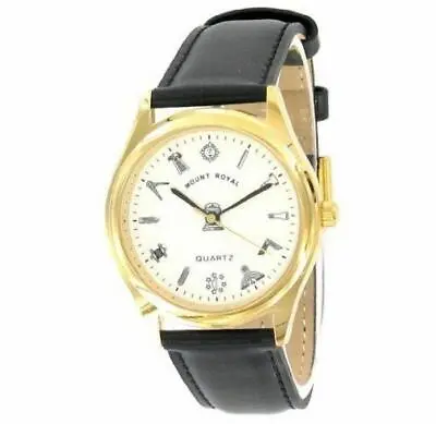 Masonic Wrist Watch Gold Plated White Dial Black Strap – LR084 • £59.99