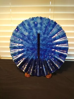 Mid-Century Modern Cobalt Blue Scalloped Edge 11  Diam. Art Glass Hanging Plate • $19.99