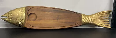 Vintage Wood & Metal 36  Salmon Fish Caviar Serving Cutting Board Tray • $75