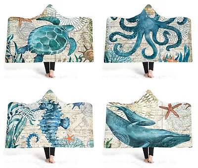 Mediterranean Sea Horse Turtle Octopus Whale Fleece Hooded Blanket Sofa Throw • £27.59