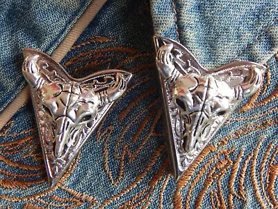 New  Animal Bull Skull Pair Of Collar Tips Silver Colour Metalgothwestern • £20.99