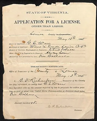 Scarce Virginia  Application For A License Other Than Liquor  George E Wear 1895 • $34.99