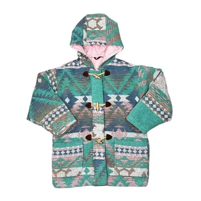 Vintage C&A Aztec Navajo Patterned Hooded Acrylic Wool Duffle Coat Women's M/L • £35