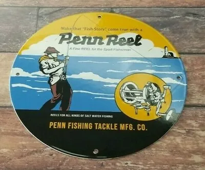 Vintage Penn Reels Porcelain Fish Stories Tackle Service Gas Pump Lures Sign • $113