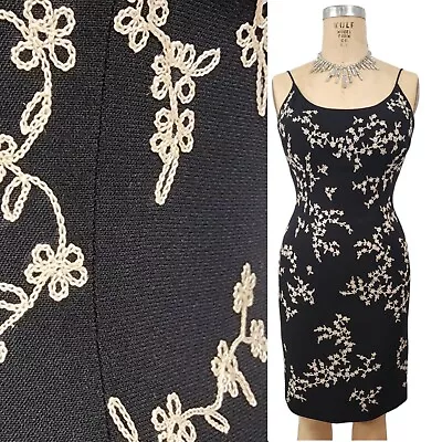 Vtg 80s Prom Dress Size S/M Mini Black Floral Maggy Simple Minimalist Sheath 6 • $54.99