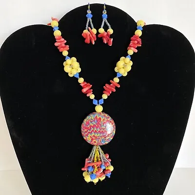 DietzJewels Mokume Gane Polymer Pendant Coral Vintage Glass Necklace Earring Set • $174.95