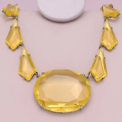 Vtg 1930s Art Deco Czech Kite Glass Yellow Pendant Necklace • $265
