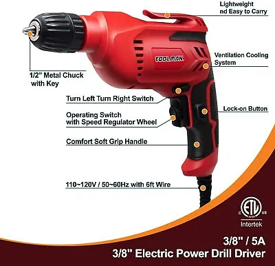 TOOLMAN 3/8 Inch Corded Electric Drill Variable Speed Reversible Power Drill  • $28.59