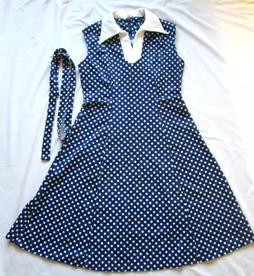 Vintage Navy White Polka Dot 70s Double Knit Polyester Dress Sz L-XL Swing Skirt • $32.95