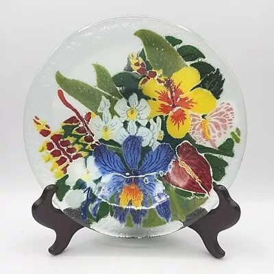 Vintage Peggy Karr Tropical Hawaiian Floral 8” Fused Glass Bowl Signed • $27.95